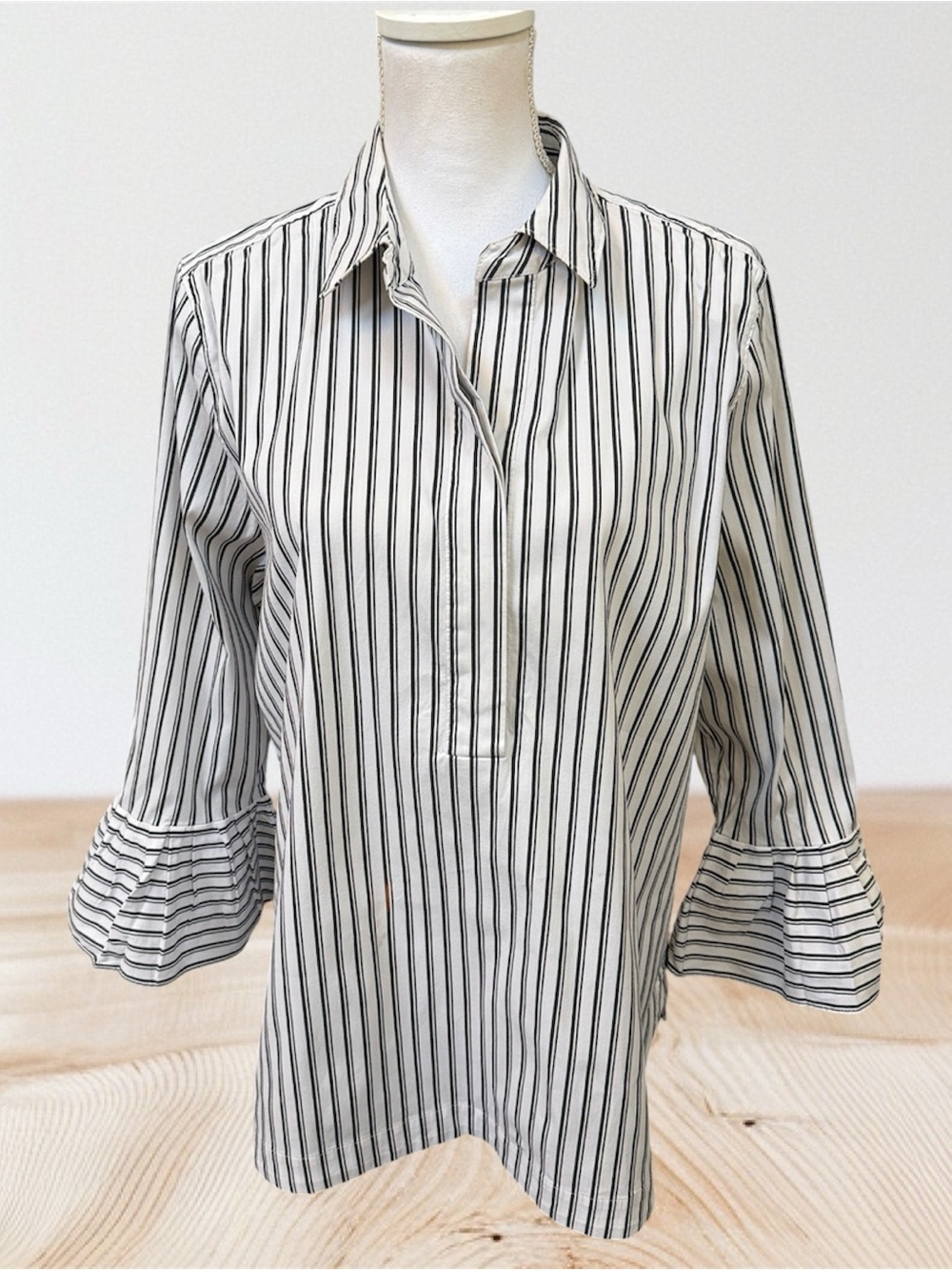 Chico's Black & White Vertical Stripe Popover Shirt with Bell Sleeves